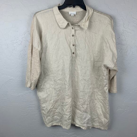 J. Jill Love Linen Top Womens Size 2X  Beige Mix Media Popover Collared Neutral - Picture 1 of 7